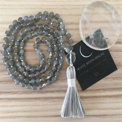 6mm Moonstone Gemstone 108 Beads Tassels Mala Necklace Wrist Unisex energy Lucky Bless MONK Handmade yoga