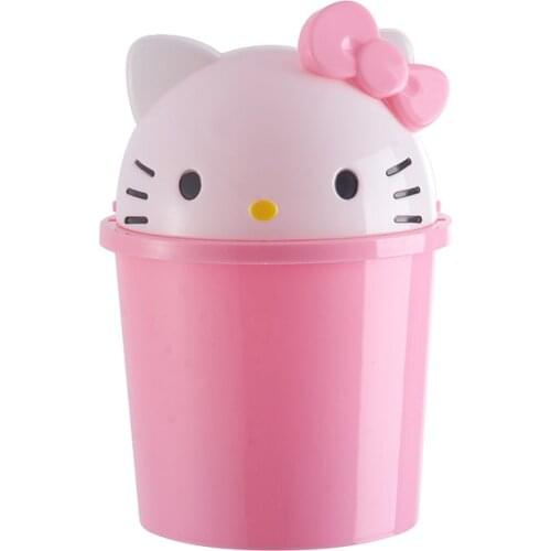 Mini Garbage Can with Lid Helloo Kitty Storage Bins Office Desk Bedroom Trash Can Plastic Desktop Paper Basket Dustbin Small