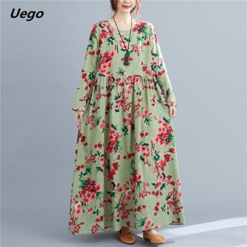 Fashion Print Floral Prairie Chic Dress Cotton Loose Women Dress Long Sleeve Autumn Dress Plus size Female Long Spring Dress