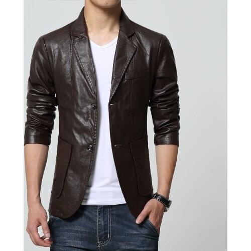 2021 High Quality Mens Jacket Slim Leather Casual Blazer motorcycle leather jackets Long Sleeve Two Buttons Cool For Men 6XL