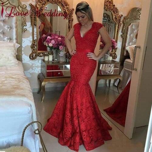 New Fashion Sexy V Neck Lace Prom Gown Custom made Pearl Beaded Mermaid Sheer Back Red Prom Dresses for Party