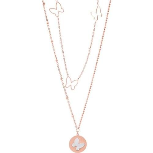 Stainless Steel Rose Gold Butterfly Opal Stone Pendant Necklace Women Three Butterfly Necklaces Gift For Him