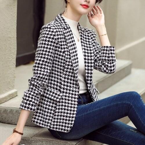 Korean Vintage Blazer Women Fashion Houndstooth Suit Jackets Women Elegant Long Sleeve Suits Female Slim Blazers Coat Ladies Top
