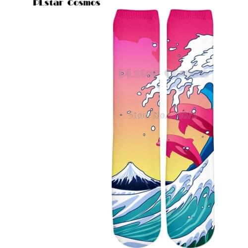 PLstar Cosmos Drop shipping 2018 New Fashion Mens 3d Socks Waves and dolphins Printed Men/Women Casual Straight socks