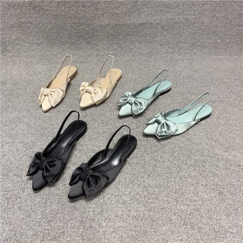 Sweet New Women Sandals 2021 Women Summer Pointy Shallow Bow Single Shoe Cover Feet Comfortable Flat Fashion Retro Sandals