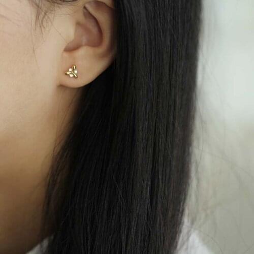 9K solid gold flower unique crystal stud earring Mini dainty women minimal simple style gift bridesmaid