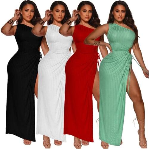 SKMY Fashion One Shoulder Woman 2021 Summer Clothes Solid Color Cutout Dress Lace-Up High Split Sexy Nightclub Girl Dresses
