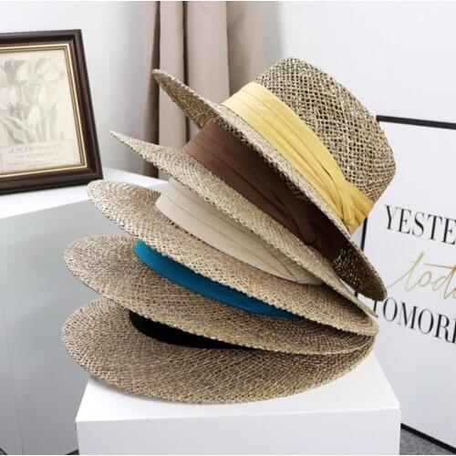 SumSummer Women Fray Woven Seagrass Boater Hat Casual Sun Beach Caps Lady Travel Wide Brim Summer Hat Unisex Natural Straw Hats