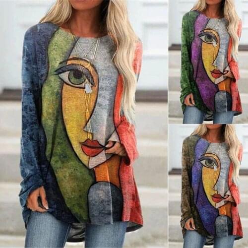Aesthetic Print T Shirt Womens Autumn Casual Loose Vintage Oversize Shirts Tops Female Fashion Y2K Pullover Long Sleeve Clothes