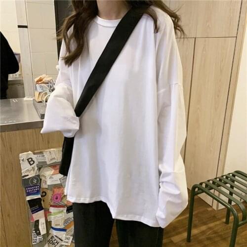 Spring and autumn long-sleeved T-shirt female loose top with solid color wild bottoming shirt student white oversized t shirt