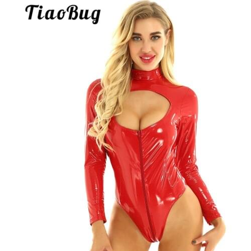TiaoBug Women Wetlook Patent Leather Lingerie One-piece Swimsuit Long Sleeve Cutout Leotard Sexy Bodysuit Nightclub Rave Costume