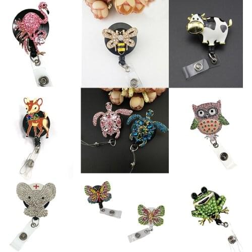 10pcs/lot free shipping 9style cute animal Rhinestone enamel Retractable ID badge holder reel for gift/party