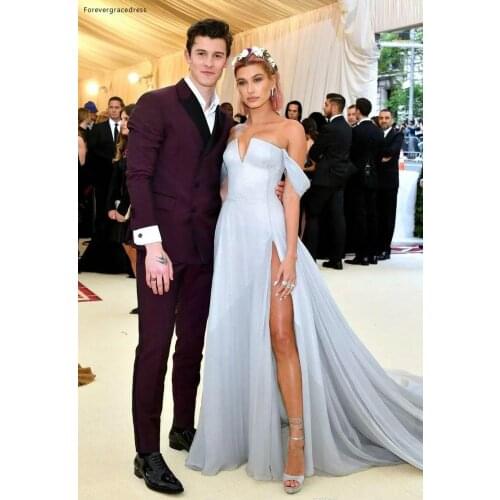 2019 Sky Blue Hailey Baldwin Prom Dress With High Slit Formal Pageant Holidays Wear Graduation Evening Party Gown Custom Made