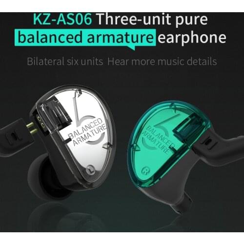 3BA Balanced Armature KZ AS06 Earphones Driver HIFI Bass Headphones Sport Headset Noise Cancelling Earbuds
