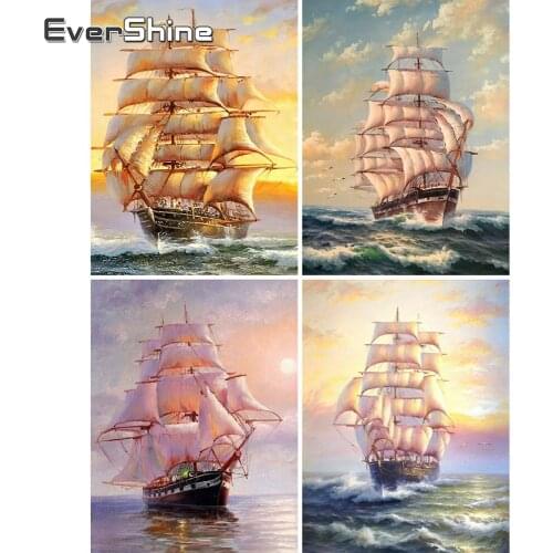 Evershine Diamond Mosaic Beads Scenery Diamond Painting Cross Stitch Kit Full Drill Diamond Embroidery Boat Wall Decoration