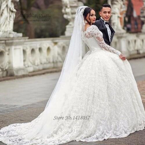 Arab Wedding Dress Turkey Puffy Wedding Gowns Long Sleeve Lace Bride Dresses 2017 Ball Gown Vestido de Noiva Com Manga Lebanon