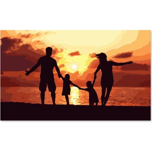 Digital oil painting simple happy family, father, mother, daughter, son recalls sending gifts to parents as a child