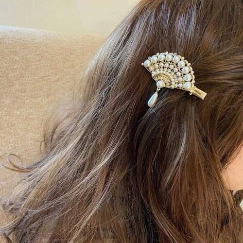 Elegant Fan Shape Hair Clips Crystal Rhinestone Hairpin Tassel Pearl Side Barettes Women Girls Alligator Clips Hair Accessories