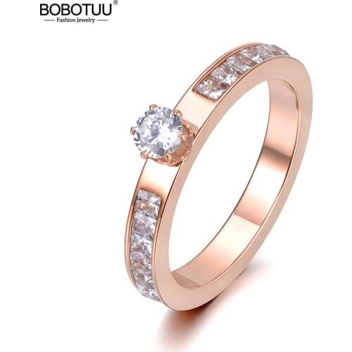BOBOTUU Stainless Steel Ring Rose Gold Color AAA Zircon Shinning Rhinestone For Christmas Gift Girl Women Never Fade BR18131