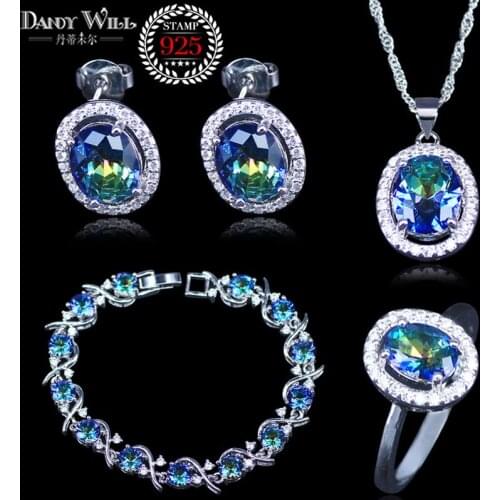 Silver Color Fashion Women Jewelry Sets For Female Accessories With Rainbow Mystic Necklace/Earrings/Rings/Bracelets