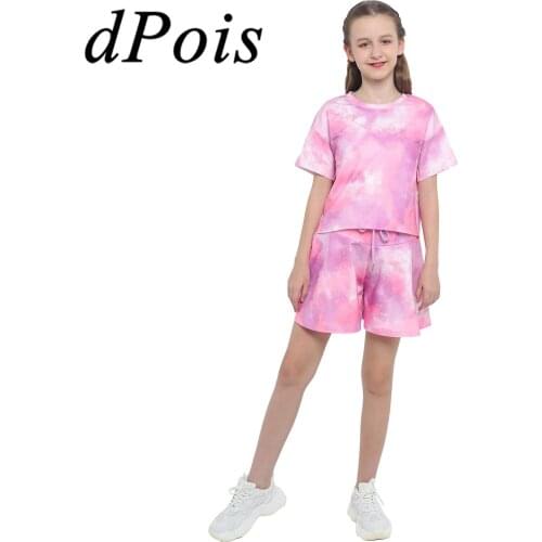 2Pcs Fashion Girls Sweatsuit Tie Dye Sports Outfits Dance Wear T-shirt Top + Drawstring Shorts Two-pieces Kids Tracksuits Sets