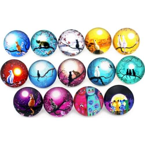 New Snap 12pcs/lot Beautiful Moon And Cat Glass Snap Buttons Charms Fit 18mm Giger Snap Button Necklace Bracelet DIY Jewelry