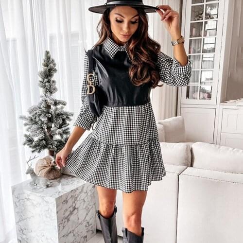 Autum Dress Womens Clothing 2021 Leather Patchwork Long Sleeve Mini Dresses Plaid Ruffles Dress For Woman Vestiods Femme Robes