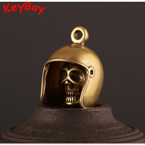 Handmade Brass Skull Head Bell Keyrings Helmet Keychain Pendant Punk Vintage Copper Skeleton Bell Car Motorcycle Key Chain Ring