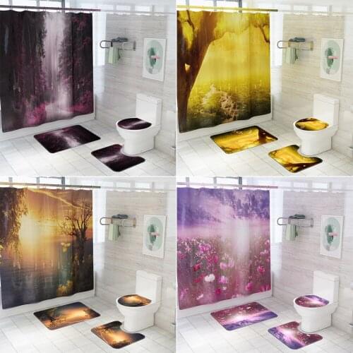 Modern Printing Forest Fabric Shower Curtain Landscape Bath Screen Bathroom Curtains Non-Slip Rugs Toilet Lid Cover Mat Carpet