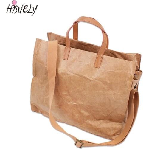 Women Kraft Paper Handbags Lady Shoulder Bag Totes Messenger Bag Washable Tear-resistant Environmentally Friendly Large Capacity