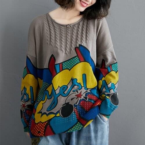 Oversize Printed long sleeve knited sweater shirt O-neck Pullover casual long sleeve sweater womens casual style
