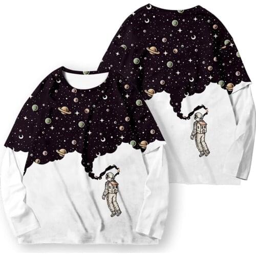 Men Women Fake Two Pieces Streetwear Couple Space Astronaut Print Sweatshirts Spring Autumn Hip Hop Pullover