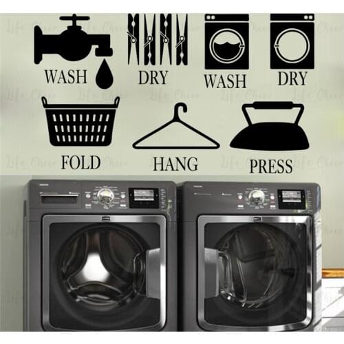 Laundry Sign Wash Fold Hang Press Wall Sticker Laundry Room Washroom Laundry Logo Wall Decal Bathroom DIY Vinyl Home Decor