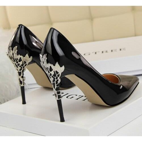 Women Pumps Shoes Patent Leather Slip-On Pointed Toe Shallow Metal 10cm Thin High Heels Sexy Party Lady Club Female Shoes