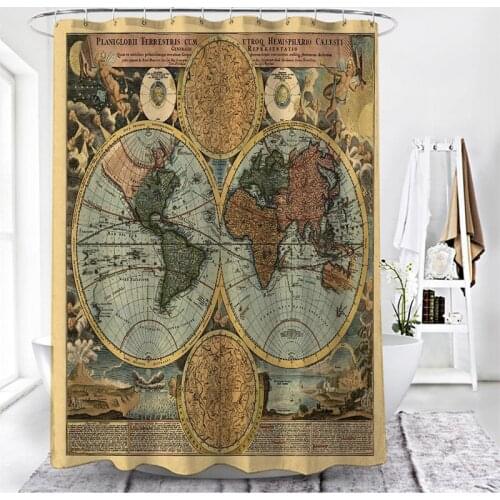 World Map Pattern Shower Curtain Waterproof Polyester Fabric Multiple Size for Bathroom Decor