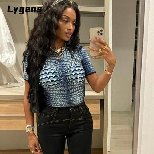 Lygens 2021 Summer Women Tie Dye Snake Print Short Sleeve T Shirt Crop Top O-Neck Bodycon Sexy Streetwear Party Club Clothing