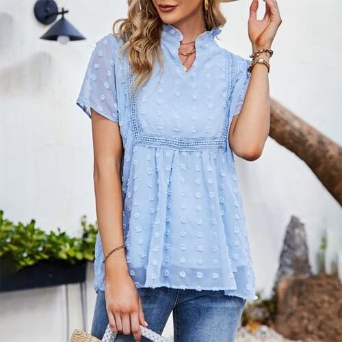 2021 Summer Shirt Women Tops Ruffles V Neck Short Sleeve Chiffon Blouse Work Wear Office Blouses Ladies Patchwork Loose Shirt