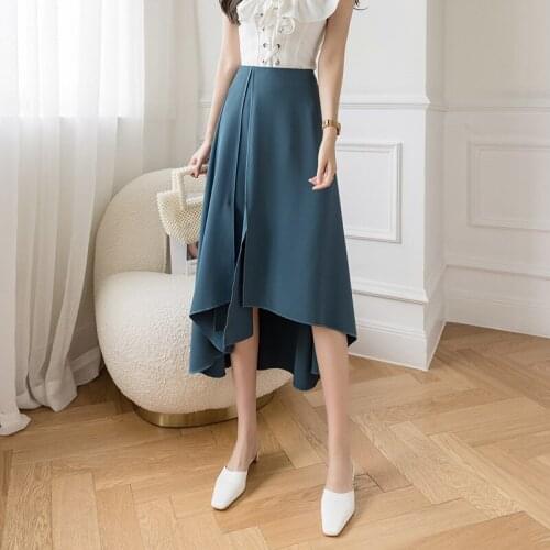 Korean Blue Knee Length Skirt Women Thin Long Ruffles Chiffon Skirt Women Irregular Split Long A-line Skirt Women
