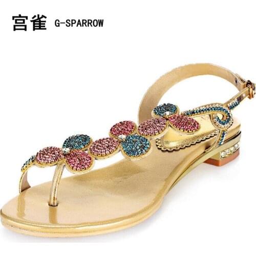 Free shipping female sweet crystal flower 2.5cm sandal flats, womens big size colorful diamond buckle flip sandal EUR 33-44