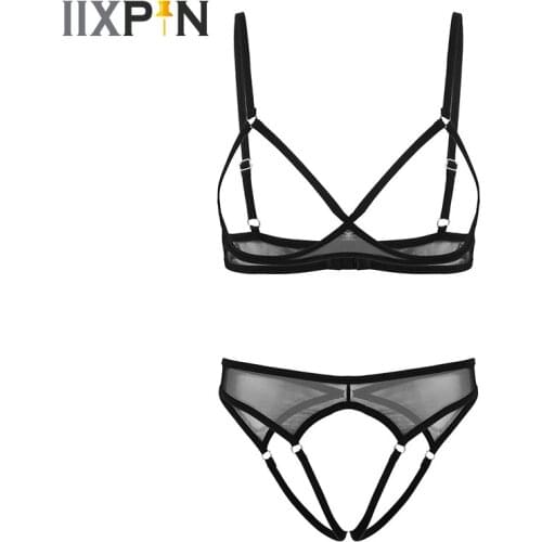 Womens See Through Sheer Mesh Erotic Lingerie Set Sexy Open Cups Bra Top With Crotchless Briefs Underwear Set Erotic Costume