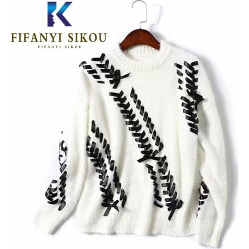 Autumn Winter Warm Knitted Sweater Women Fashion Ribbon Bow O-Neck Long Sleeve Pullover Female Loose Sweaters Jumpers Tops