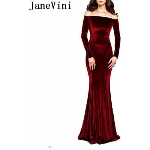 JaneVini 2019 Burgundy Prom Dresses Long Sleeve Velvet Evening Gown for Plus Size Woman Mermaid Off Shoulder Gala Party Dress