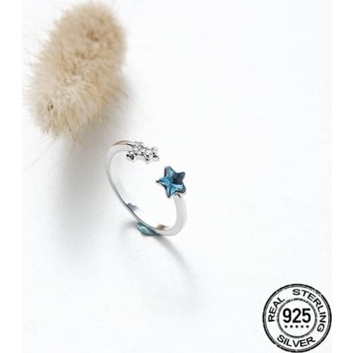 925 Sterling Silver Rings For Women Opening Adjustable Star Zircon Diamond Cute Blue Design Female Korean Fashion Jewelry INEFFA