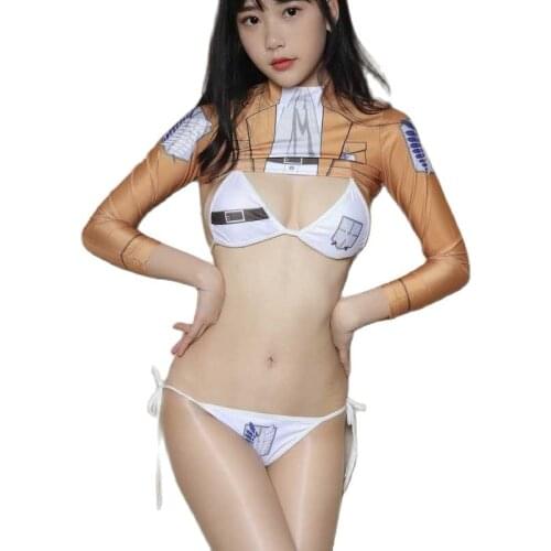 Anime Attack on Titan Mikasa Ackerman Cosplay Costume Sexy Women Hot Bikini Top Hollow Long Sleeve Ultra Short Drop Ship