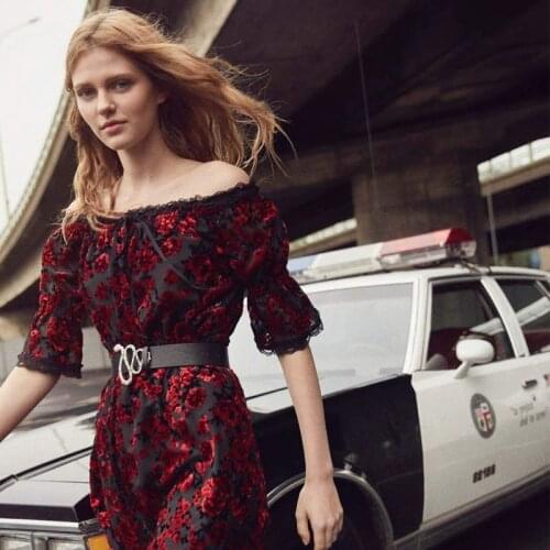 France Black/Red Rose Burnout Lace Velvet Mini Dress Off-The-Shoulder Eyelet Embroidery Jacquard Lurex Elastic Waist Date Gown