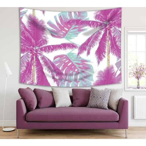 Tapestry Tropical Palm Trees Leaves Against Sky Exotic Beach Nature Retro Colors Photo Printed Purple Green