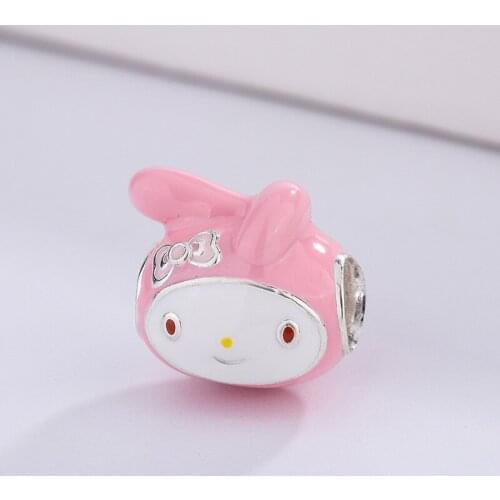 925 Sterling Silver Beads Charm Enamel Cartoon Beads Cute pink bunny Charms for Jewelry Making