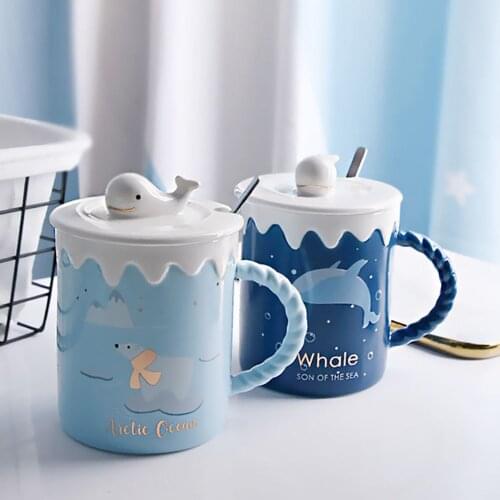 400ml Cute Whale Polar Bear Mug Ceramic Mug with Lid Spoon Coffee Cup Milk Cup Cute Girl Breakfast Cup Creative Gift