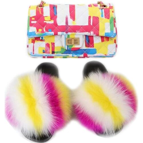 Fur Slippers Women Fluffy Real Fox Fur Slides Furry Fuzzy Flip Flops Graffiti Handbag Rainbow Shoulderbag Slides Shoes Bag Set
