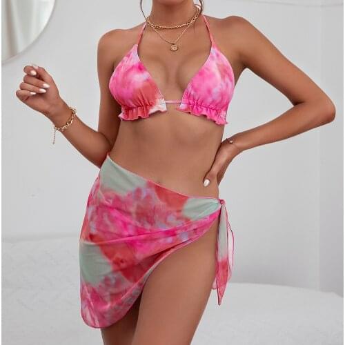 Sweet Tie Dye Print Swimwear Women Swimsuit Three Triangle Pieces Bikini Tanga Set with Mesh Sarong Cover Up Beachwear 2021